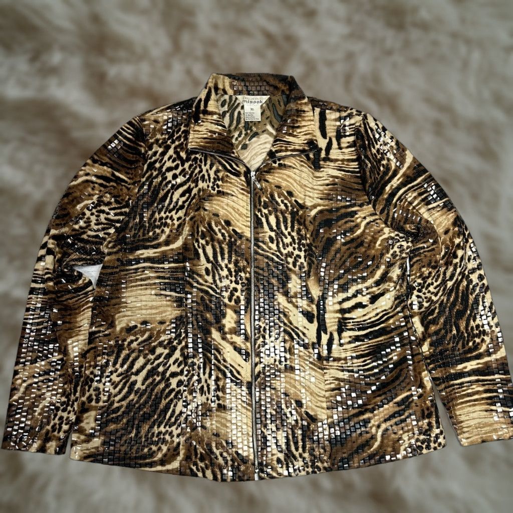 Vintage VINTAGE Misook Jacket Women Long Sleeve Zip Up Tiger Exotic Brown XL Misook Womens Shiny Polyester Brn Brown Jacket Places Ladies Mens Girls? Size XL / US 12-14 / IT 48-50 - 1 Thumbnail