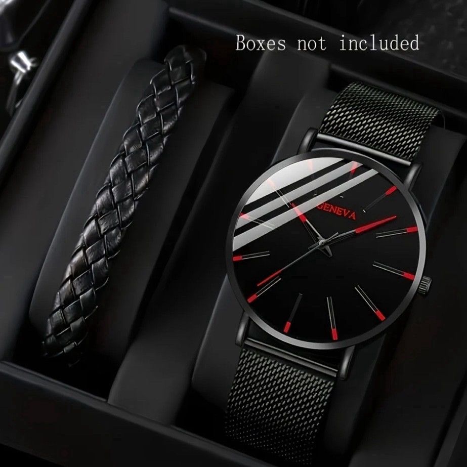 Designer 2Pc Fashion Quartz Watch And Leather Bracelet Sets Shock Re in Black, Men's
