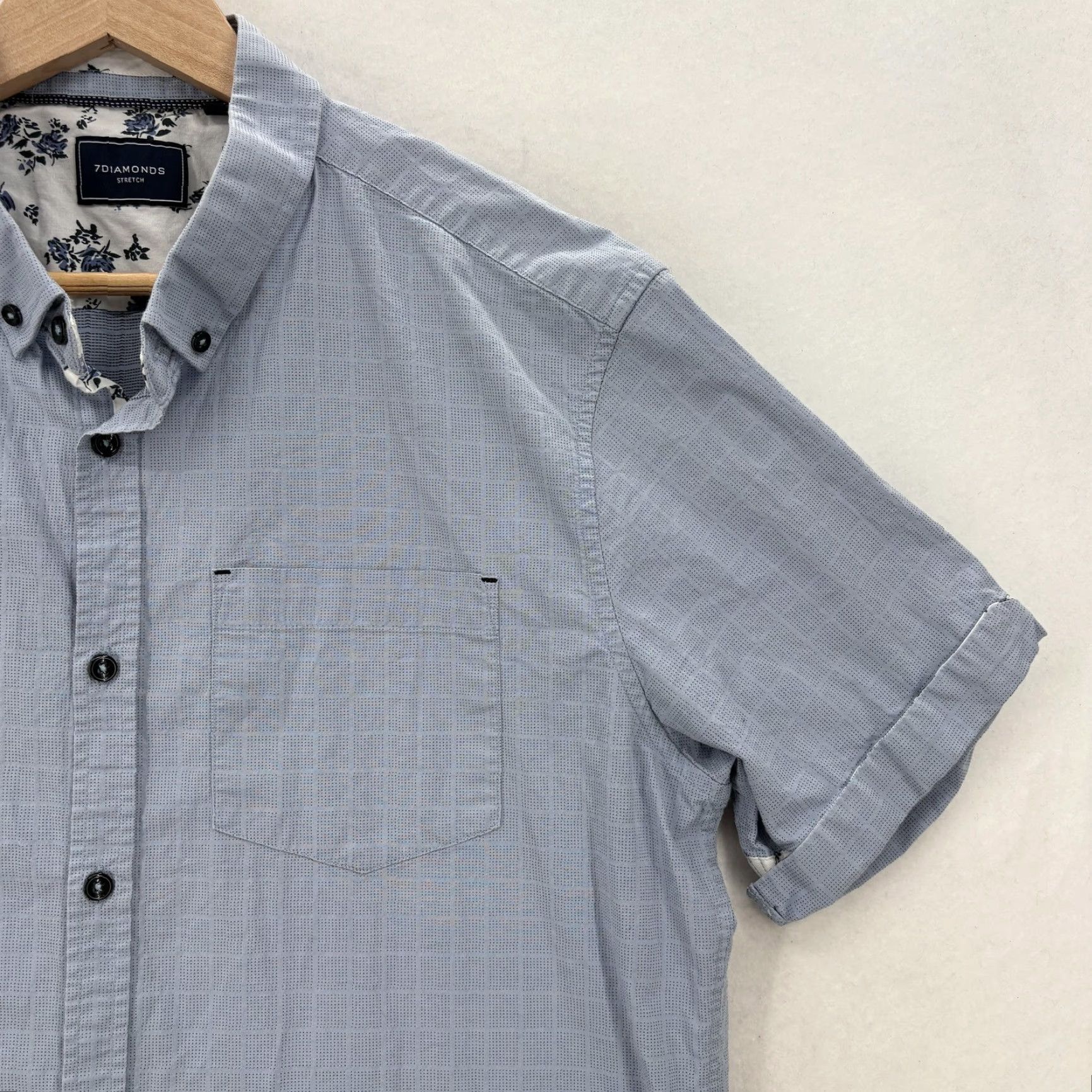 Vintage 7 Diamonds Shirt Mens Large Blue Check Short Sleeve Button Up Casual Stretch Size US L / EU 52-54 / 3 - 2 Thumbnail