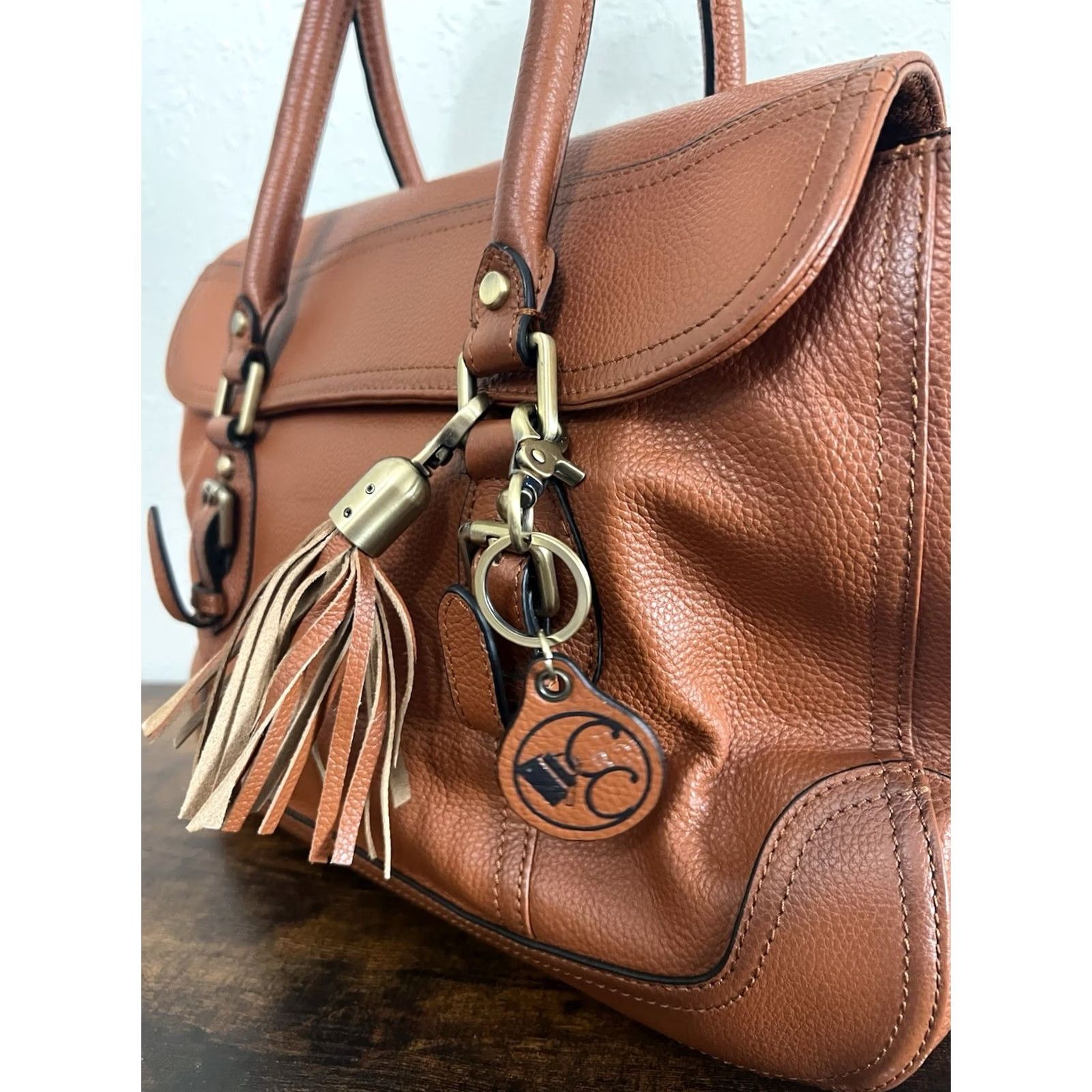 Vintage Concealed Carrie Leather Satchel, Large Tote - Cognac Aged Brown Size ONE SIZE - 3 Thumbnail