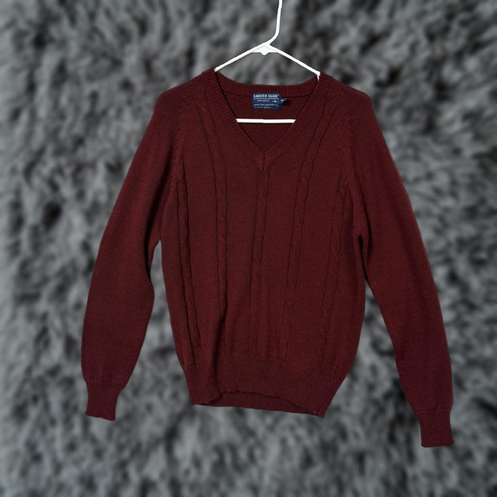 Vintage VINTAGE Career Club Sweater Mens M V-Neck Cable-Knit Maroon 80s 90s Preppy Retro Solid Knit Casual Pullover Women's? No--Men's Size US M / EU 48-50 / 2 - 1 Thumbnail
