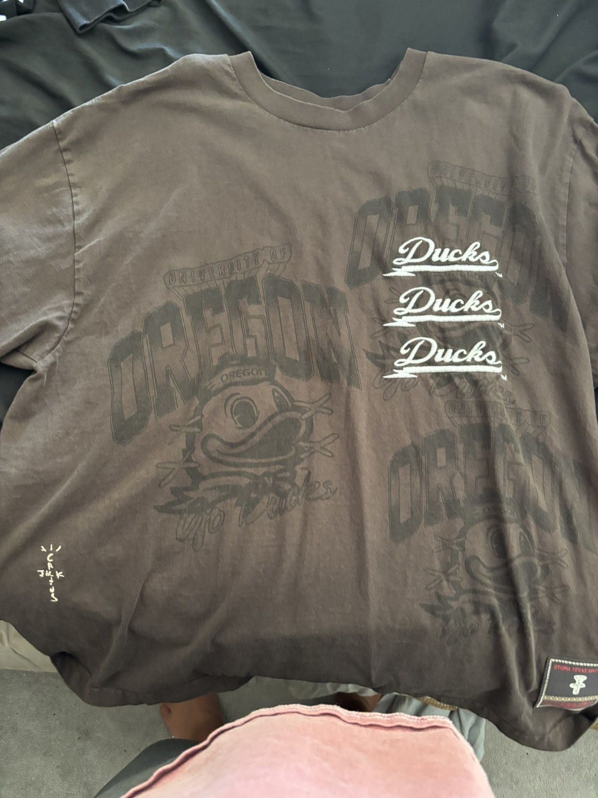 Limited brown Oregon Ducks college collab Travis Scott shirt