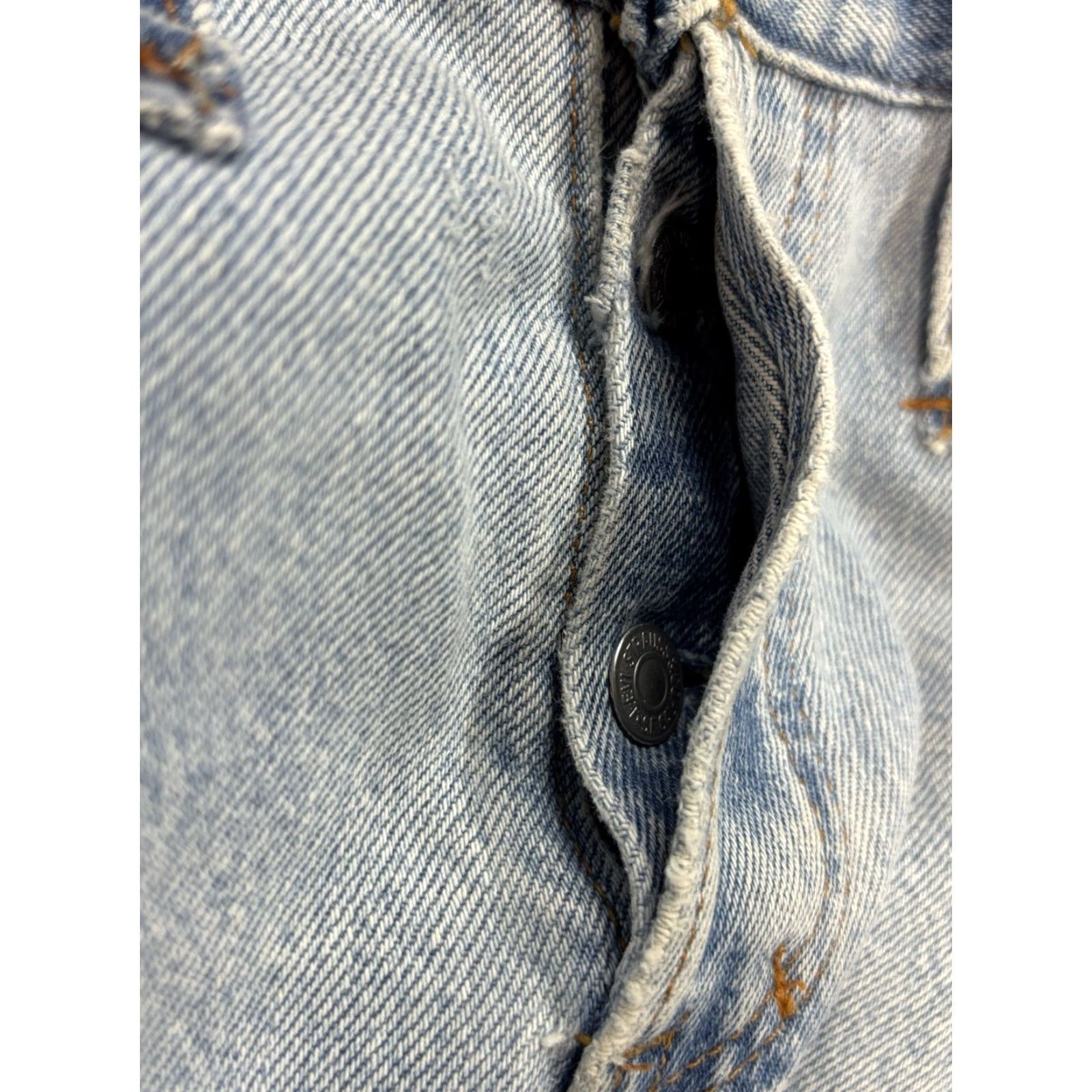 Levi's VINTAGE Levi's X J Bush Hollywood Creations Button Fly Denim Skirt Women 29 Blue 29" Waist Knee-Length Distressed Raw Hem 90s USA Womens Size 29" - 7 Thumbnail
