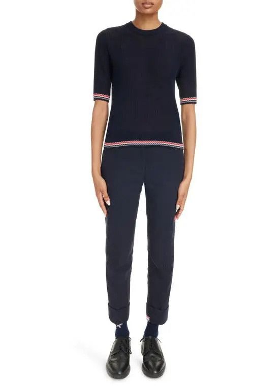 Thom Browne o1s22i1n0924 Pointelle-Knit T-Shirt in Navy Blue Size M / US 6-8 / IT 42-44 - 2 Thumbnail