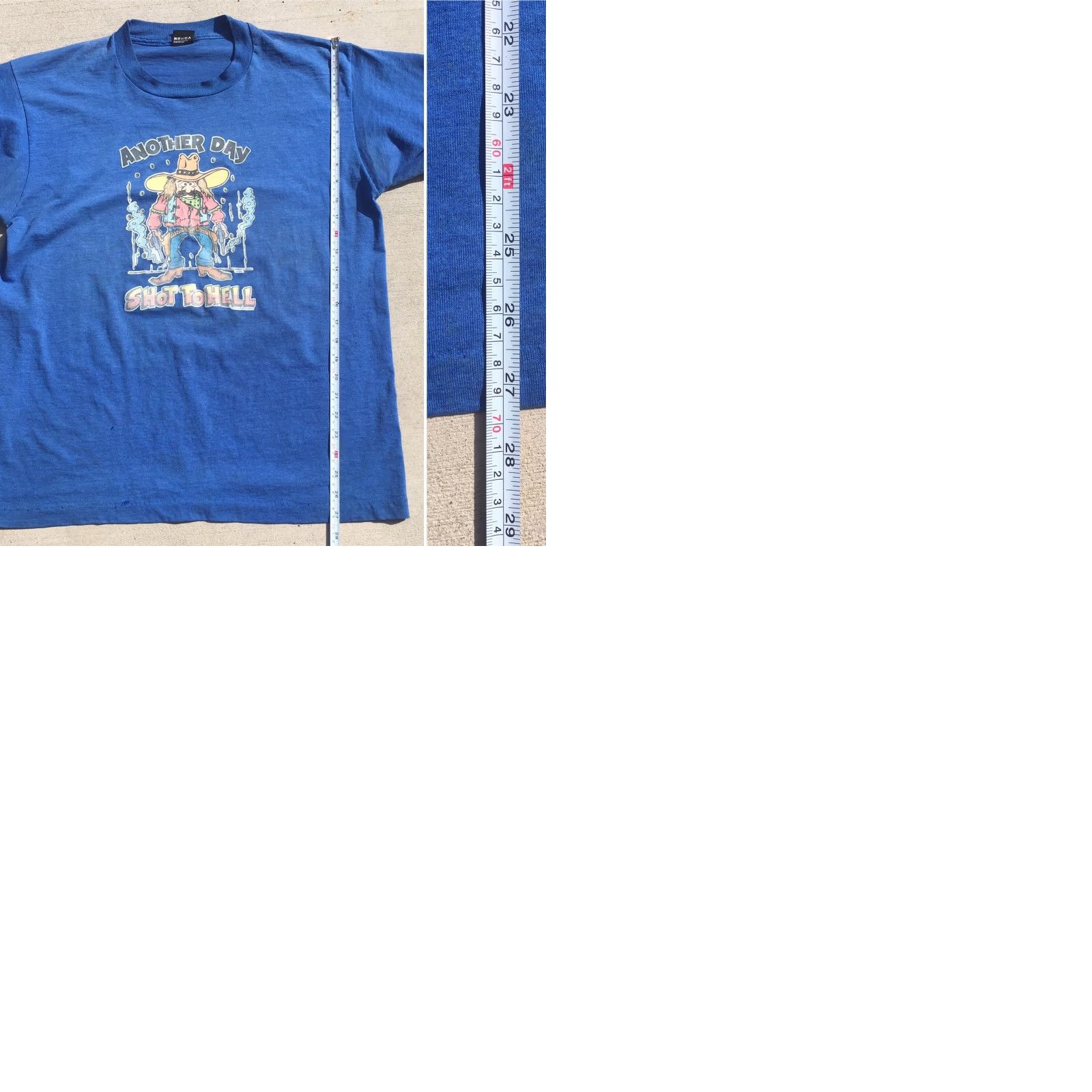 Vintage VINTAGE Screen Stars T-Shirt 1980s XL Blue Men Short Sleeve Graphic Tee Cowboy Iron On Another Day Shot To Hell 80s Size US XL / EU 56 / 4 - 9 Thumbnail