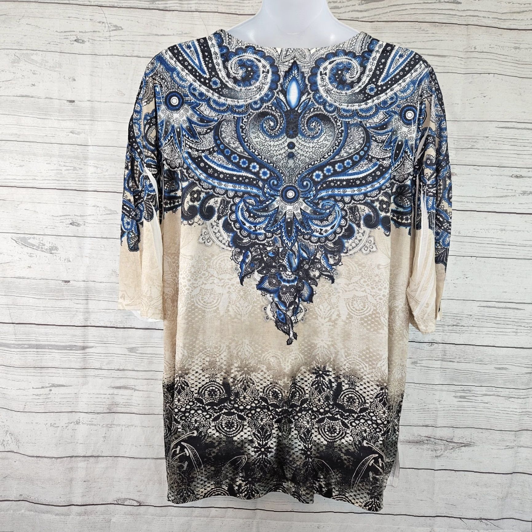 Vintage Catherines Womens Blouse 2X Blue Beige 3/4 Sleeve Pullover Embellished Size XXL / US 16-18 / IT 52-54 - 3 Thumbnail