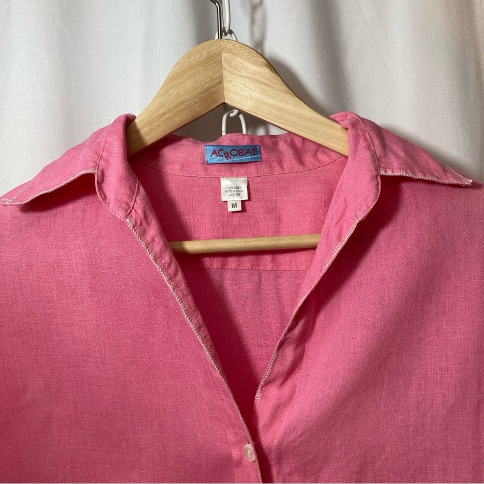 Other Acrobat Pink Linen Open Collar Button Up Blouse Shirt Top Size M / US 6-8 / IT 42-44 - 3 Thumbnail