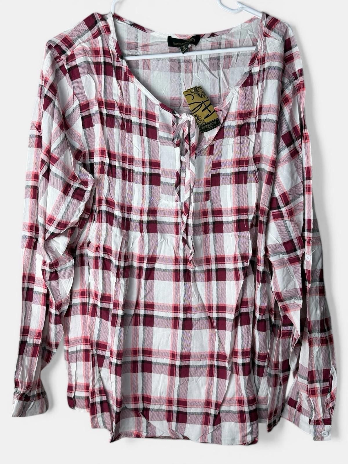 Other Suzanne Betro 3X Pink Plaid Tunic Blouse Tie Neck Size 3XL / US 20-22 - 2 Thumbnail