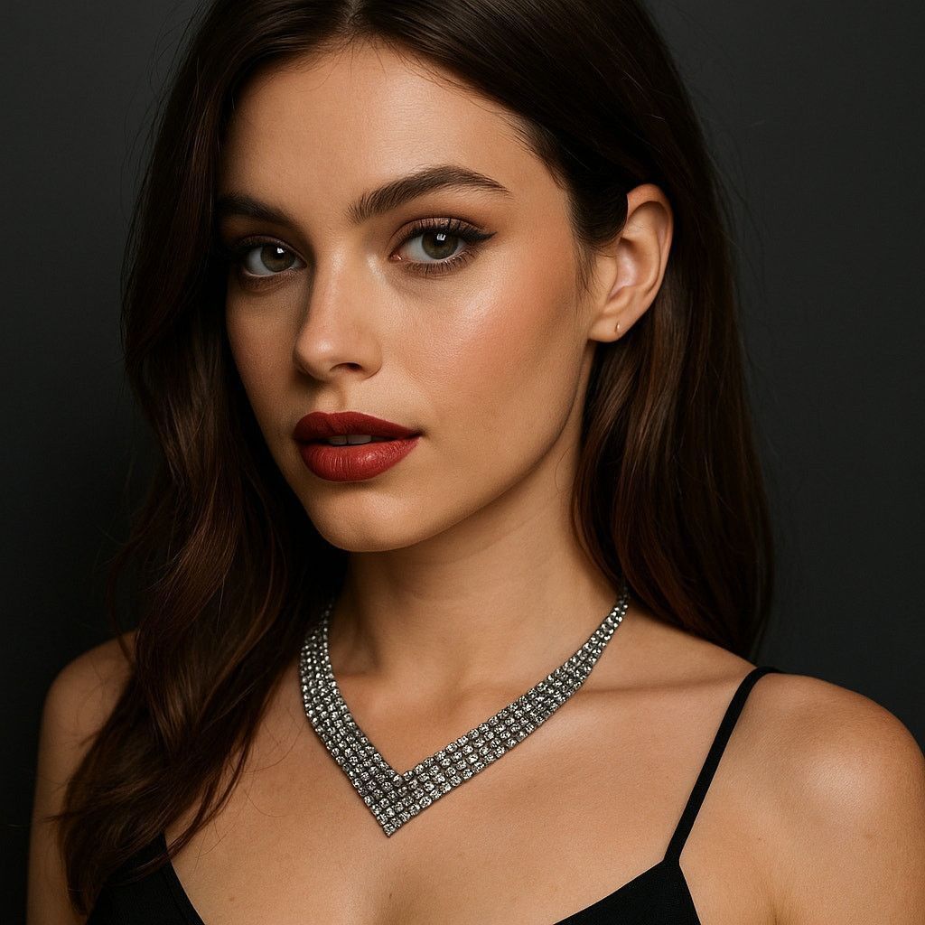 Vintage Y2K Silver Rhinestone V Necklace Statement Choker Adjustable Size ONE SIZE - 1 Thumbnail