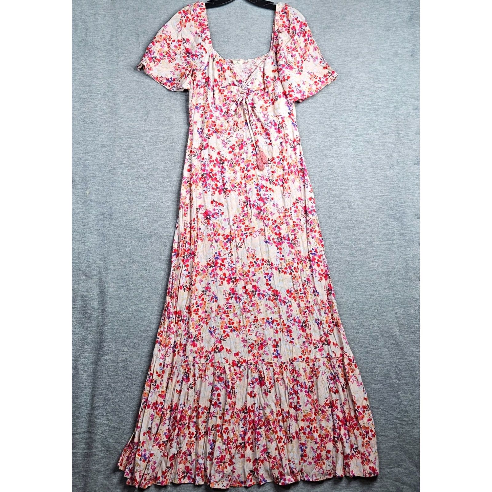Vintage Love Stitch Women's Pink Floral Maxi Short Sleeve Dress L Size 36" / US 14 / IT 50 - 2 Thumbnail