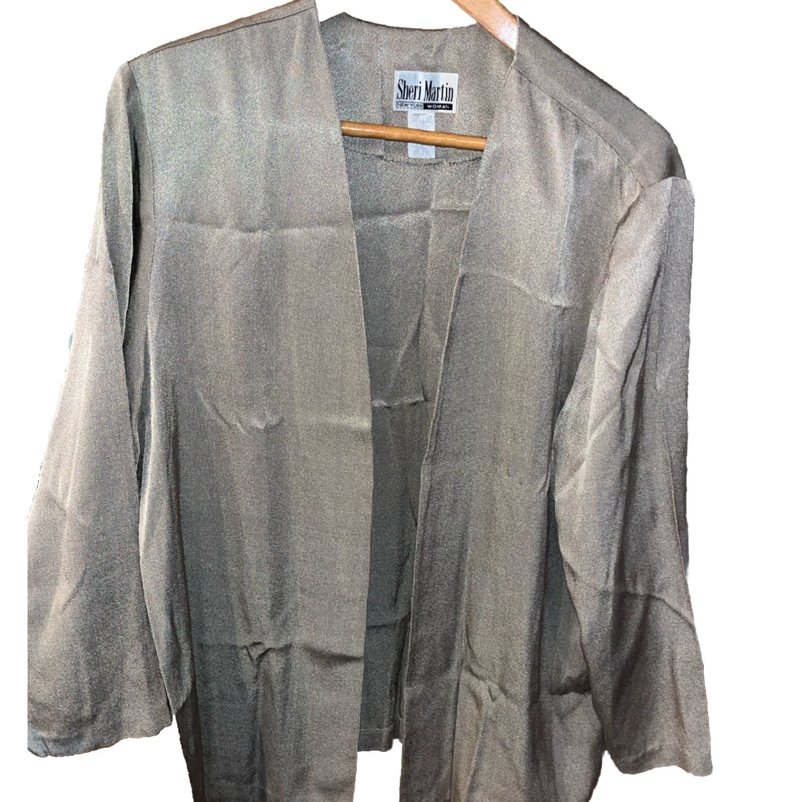 Vintage VINTAGE Sheri Martin METALLIC Blazer Womens 3XL Open Front Flowy Cardigan Jacket Neutral Beige Metallic Shiny Satin Relaxed 52 Chest Womens 3XL Blazer Size XXL / US 16-18 / IT 52-54 - 4 Thumbnail