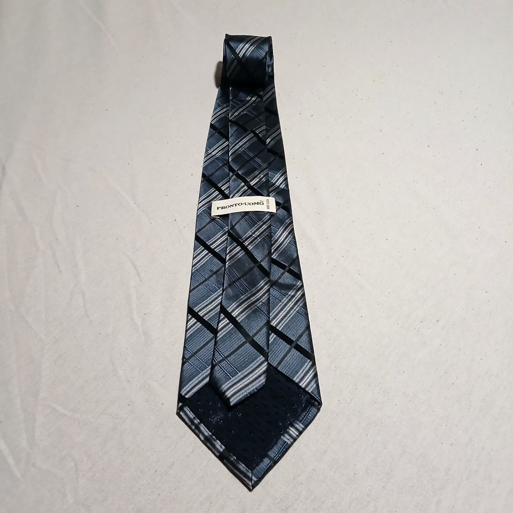 Pronto Uomo Pronto Uomo Tie Gray Black Plaid Striped 100% Silk 57" x 3.75" Mens Neckwear Size ONE SIZE - 3 Thumbnail
