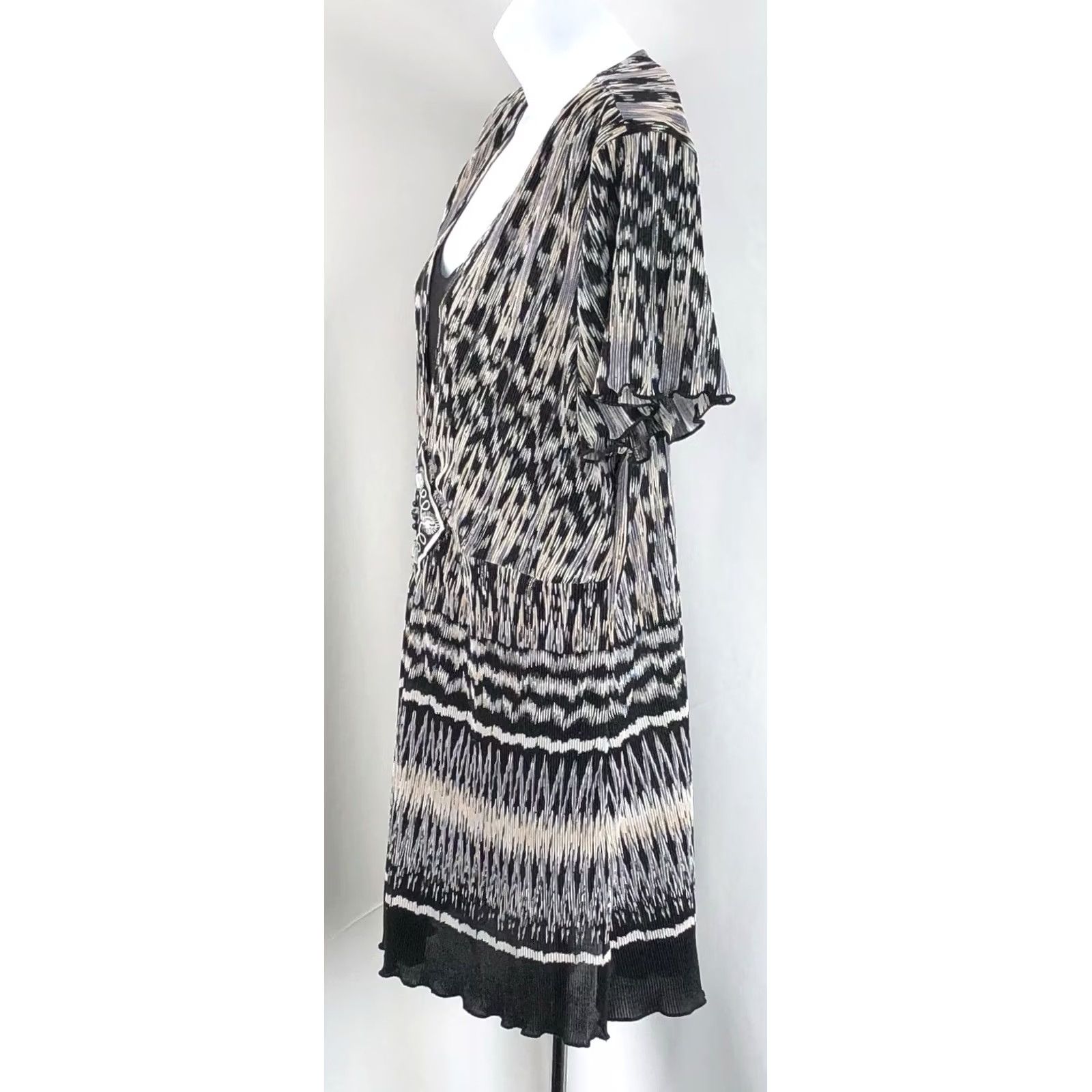 Element VINTAGE Elementz Tunic Blouse Shirt Geometric Beaded Pleated Ruffles Short Sleeve XL Gray Womens Bohemian 90s Y2K Size XL / US 12-14 / IT 48-50 - 2 Thumbnail