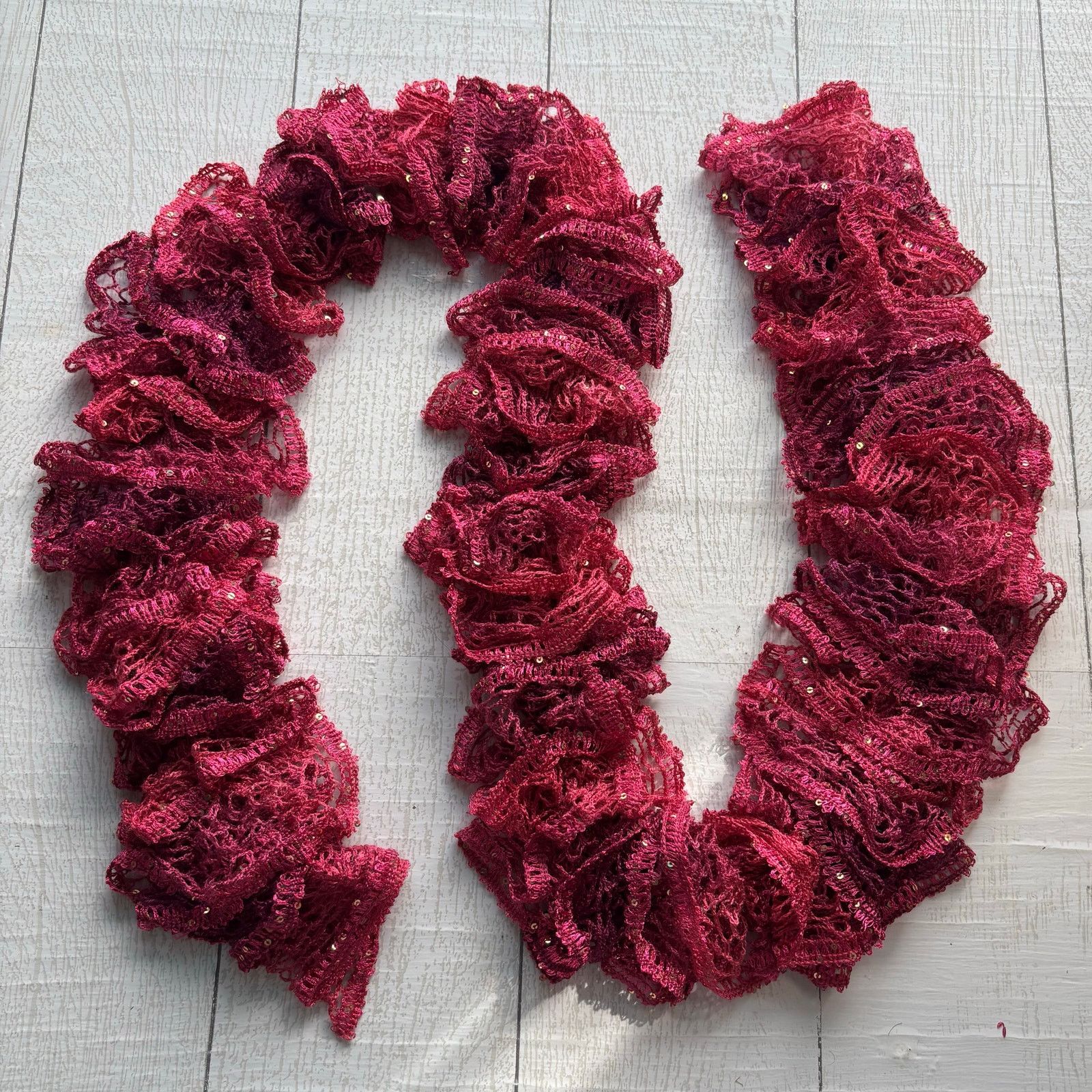 Handmade Homemade Crocheted Purple Pink Ruffle Scarf Sequin Accents Size ONE SIZE - 1 Thumbnail