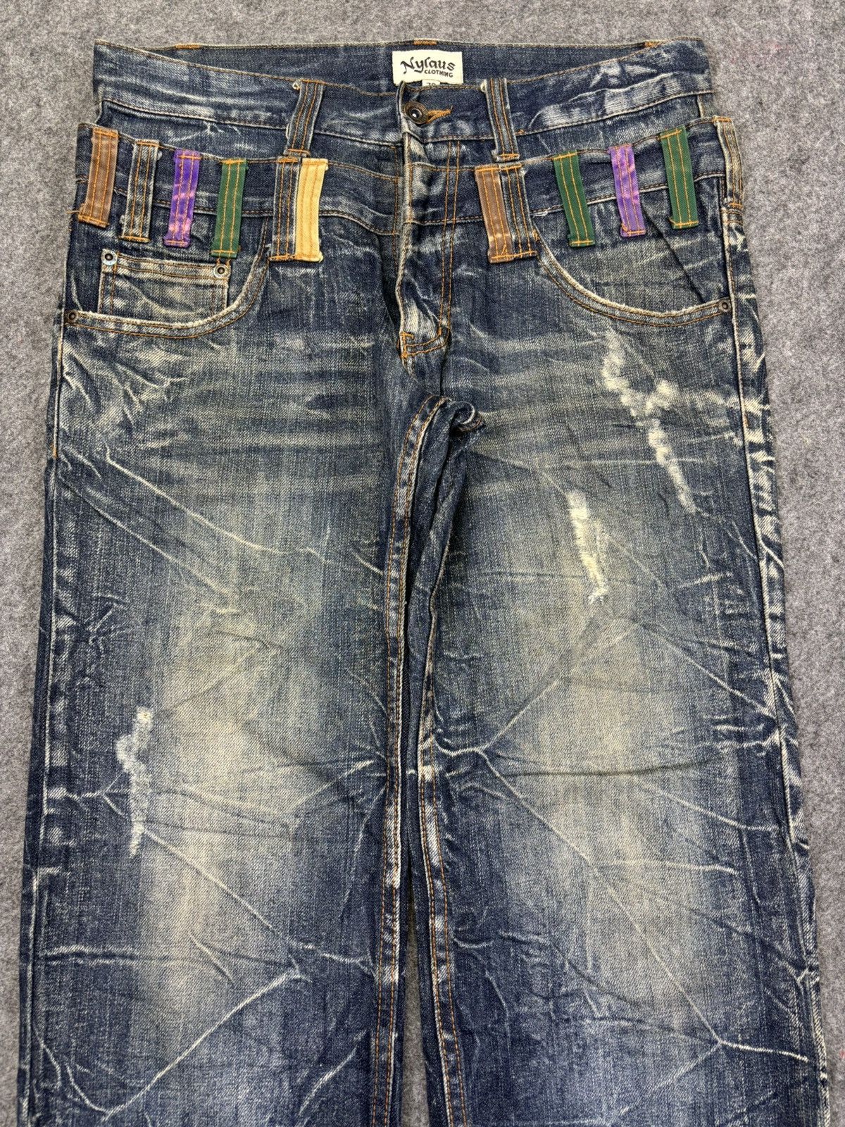 Japanese Brand 💥Double Waist💥Nylaus Thunder Fades Distressed Denim F983 Size US 31 - 3 Thumbnail