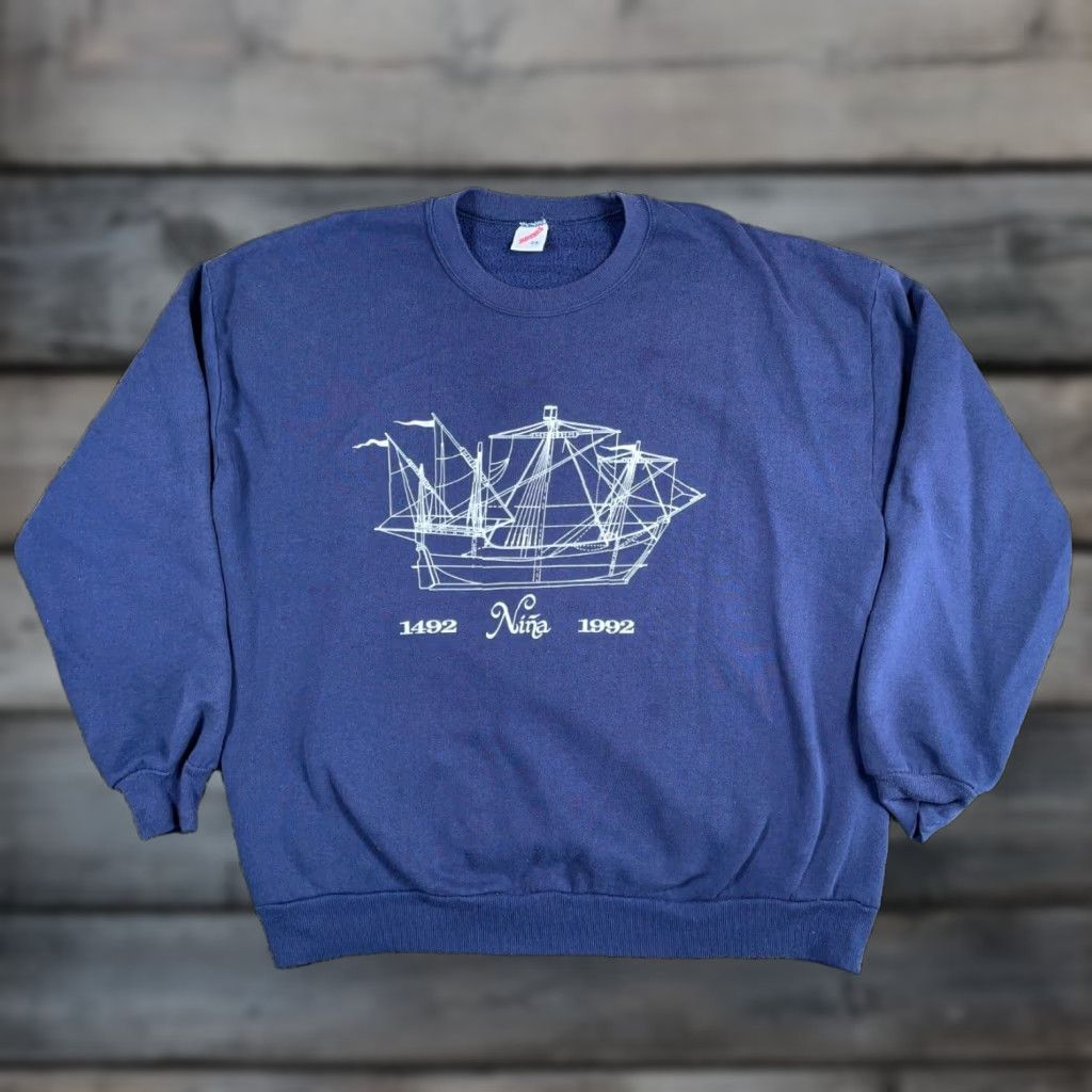 Jerzees VINTAGE Jerzees Sweatshirt 2XL Adult Blue Columbus Nina Ship 500th Anniversary Graphic Print 90s Nautical Retro Size US XXL / EU 58 / 5 - 1 Thumbnail
