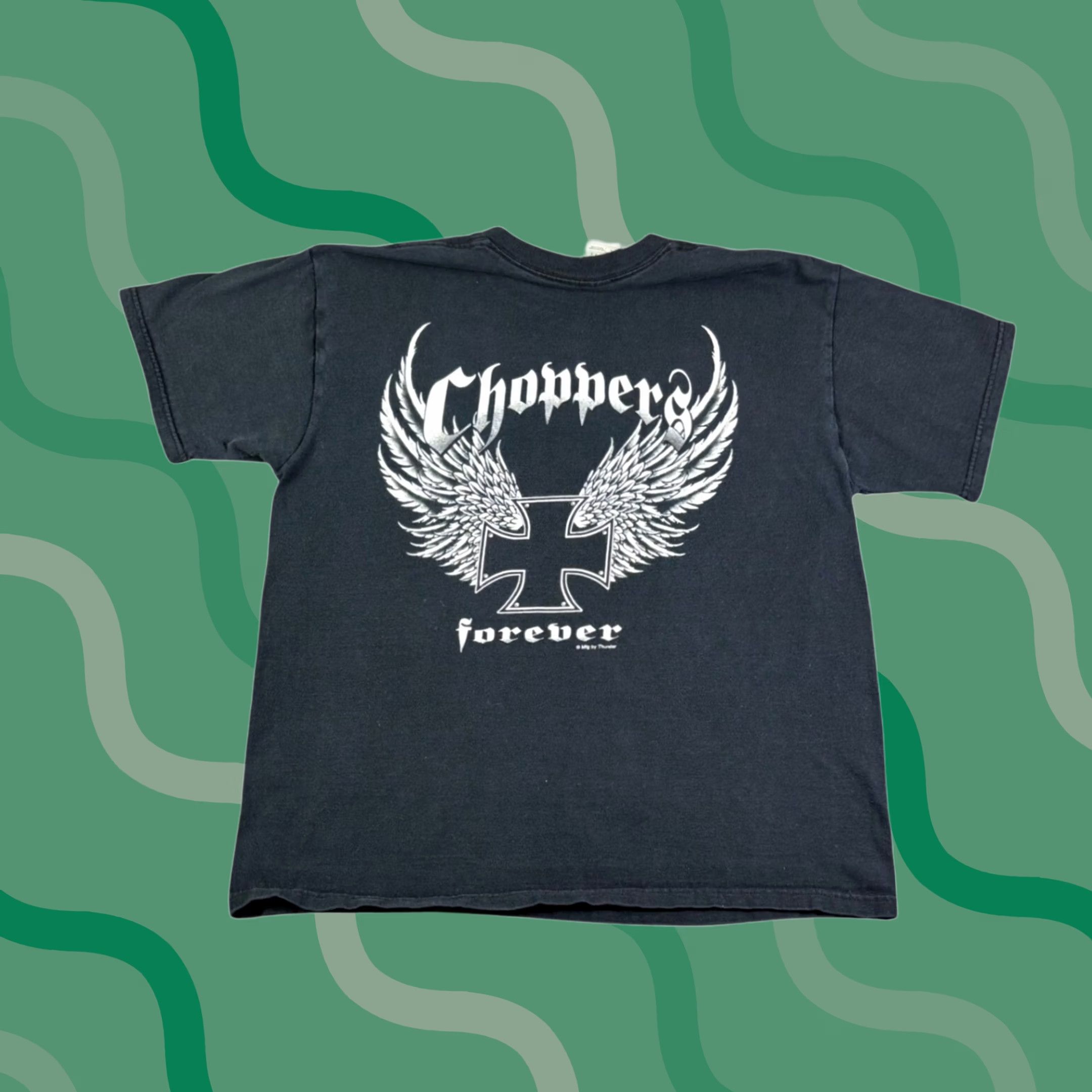 Fruit Of The Loom VINTAGE Choppers Forever T-Shirt Mens Large Black Iron Cross Thunder Graphic Size US L / EU 52-54 / 3 - 1 Thumbnail