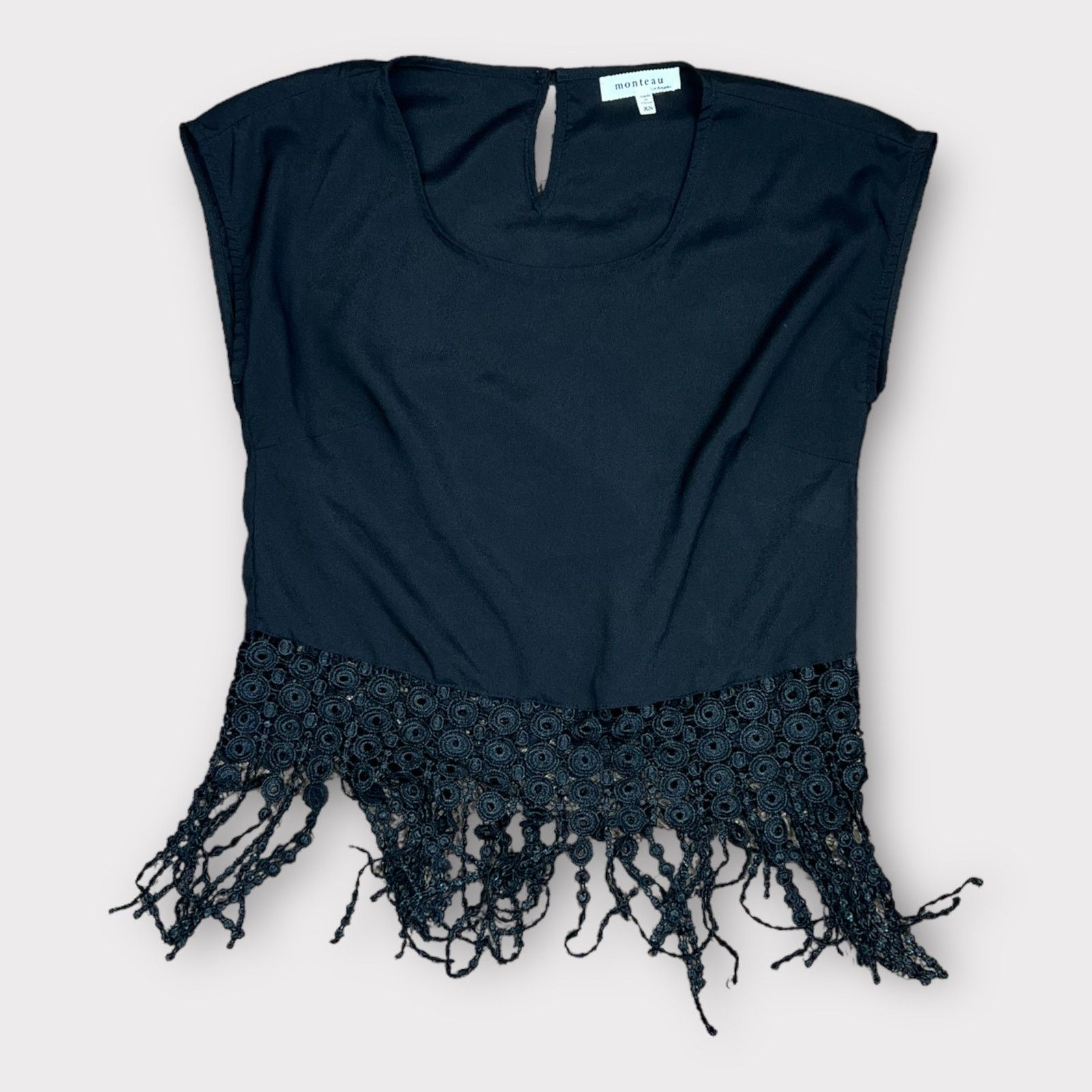 Nordstrom Monteau | Black Fringe Boho Short Sleeves Blouse I XS Size XS / US 0-2 / IT 36-38 - 7 Thumbnail