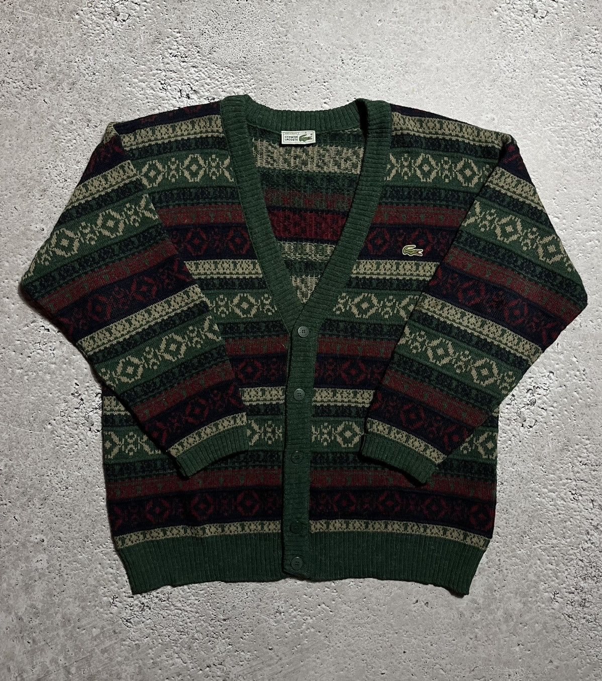 Lacoste × Vintage Vtg Lacoste Fair Isle Knit Cardigan Green Red Alpaca Wool Size US L / EU 52-54 / 3 - 1 Thumbnail