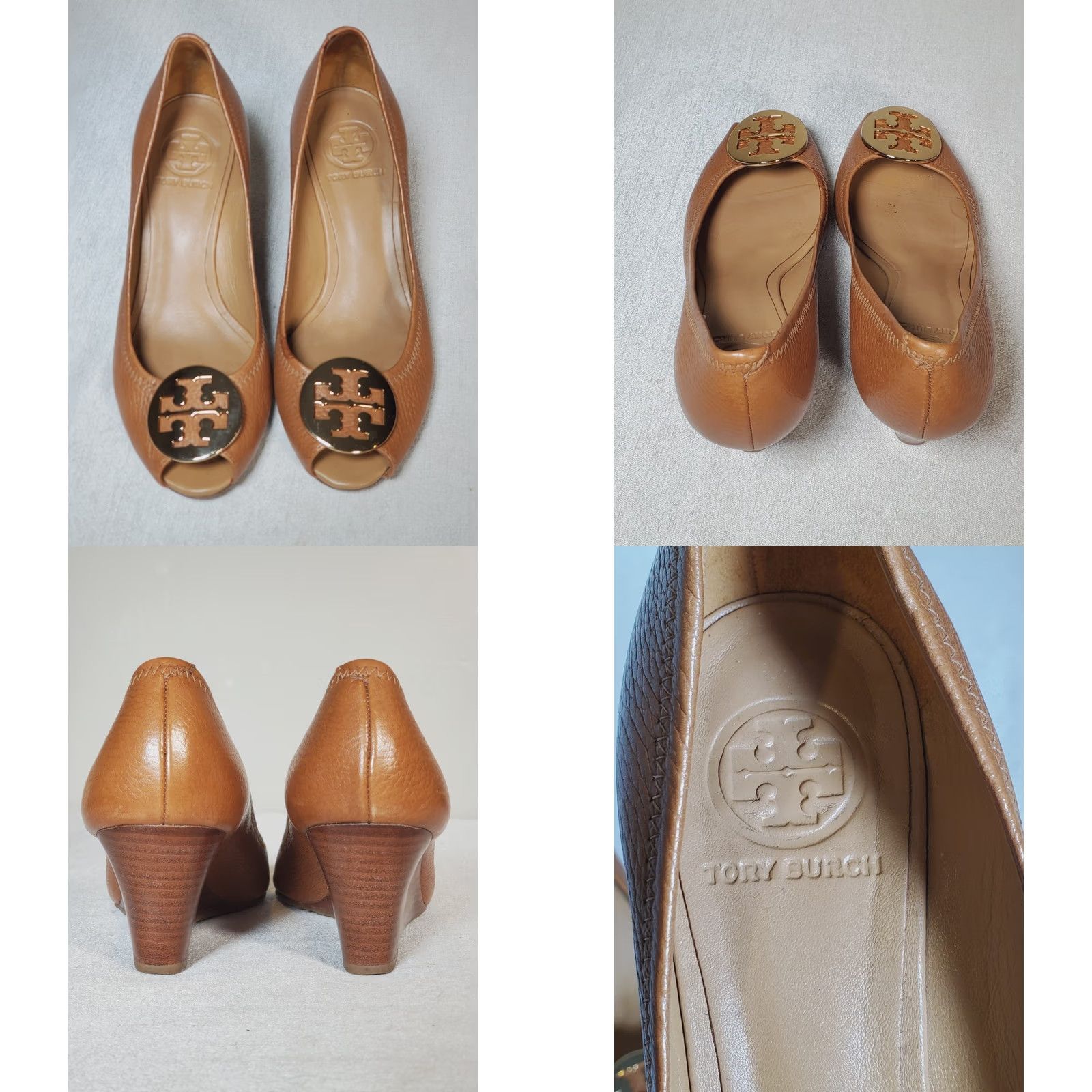 Tory Burch Tory Burch Sally 2 Brown Tumbled Leather Peep-Toe Wedge Heel Gold Logo Women US 7.5 M Size US 8 / IT 38 - 8 Thumbnail