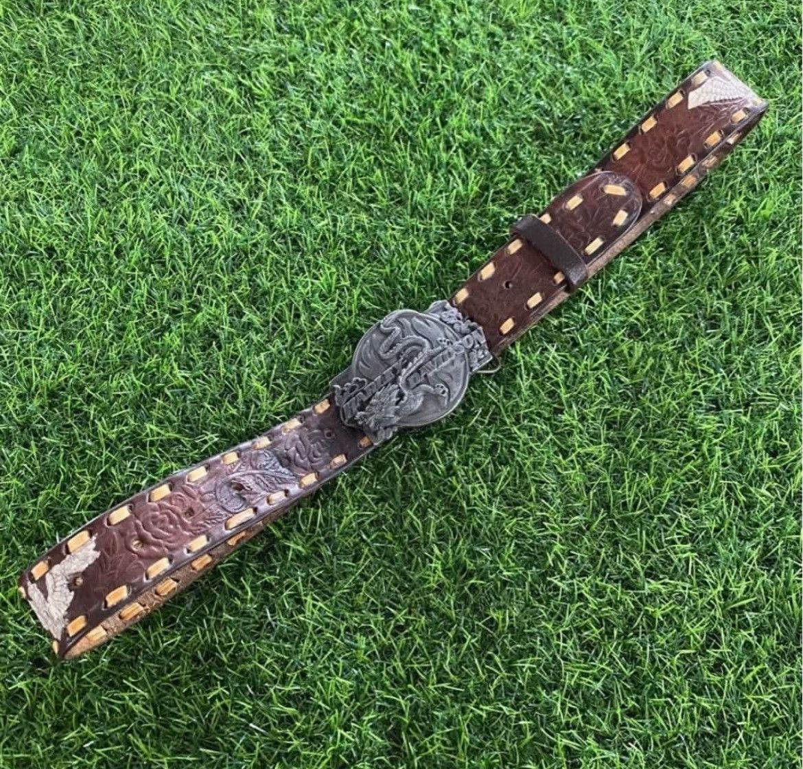 Harley Davidson × Vintage Vintage Harley Davidson Dragon ©️89 Brass Buckle Belt Made in USA Size 36 - 5 Thumbnail