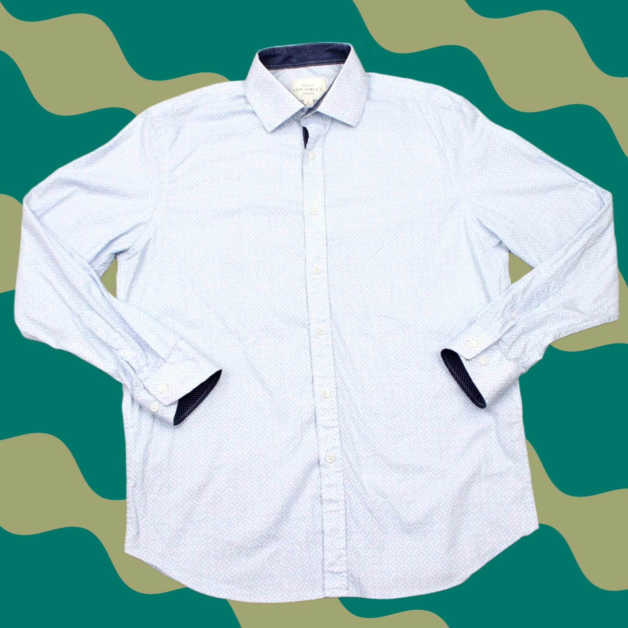 Vintage Construct Blue Slim Fit Dress Shirt Mens 15 1/2 33/34 L/S Non-Iron Quick Dry 97% Cotton 3% Spandex Button Collar Barrel Cuff Geometric Pattern Size US L / EU 52-54 / 3 - 1 Thumbnail