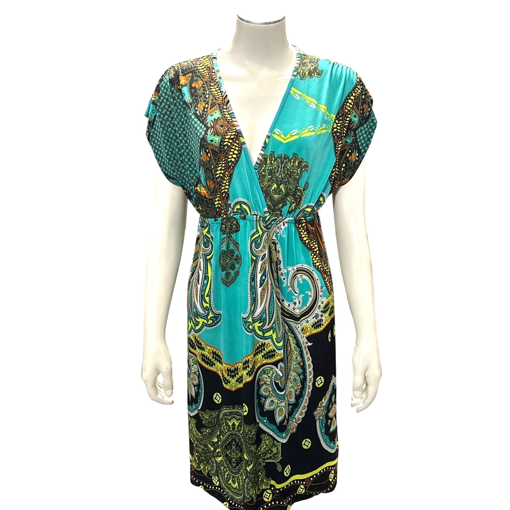 Other 5th Love Large Turquoise Lime Green Black Printed Boho Dress Size L / US 10 / IT 46 - 2 Thumbnail