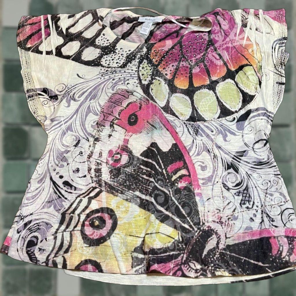 Style & Co STYLE & CO Shirt Womens PM Petite Med Short Sleeve Butterfly Colorful Blouse, Multi-Color, Petites, Regular Fit Size M / US 6-8 / IT 42-44 - 1 Thumbnail