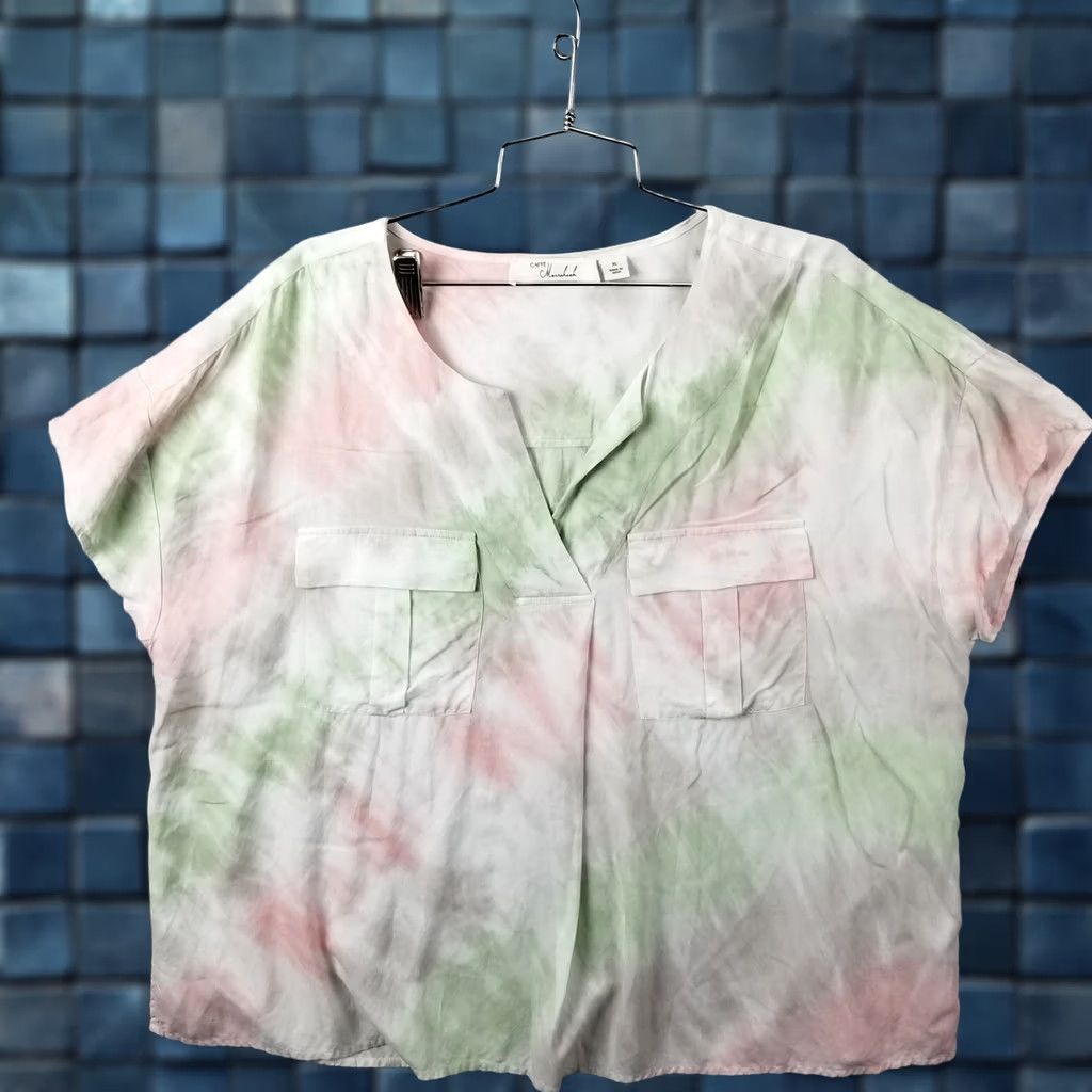 Vintage Cafe Marrakesh Blouse Women XL Stripes Rayon Top Short Sleeves Light Tie Dye Size XL / US 12-14 / IT 48-50 - 1 Thumbnail