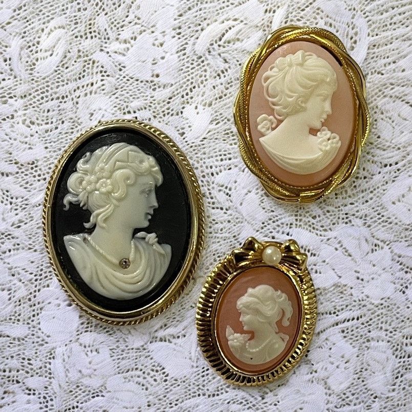 Vintage White Cameos Silver Gold Pin Brooch Pendant Jewelry, Women's