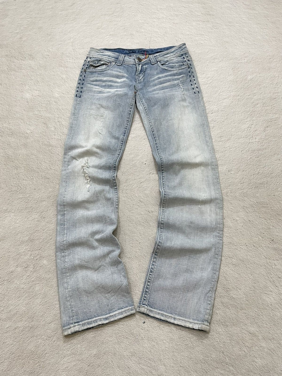 2000s Mek Voyage Ripped Blue Jeans Embroidered Denim Y2K