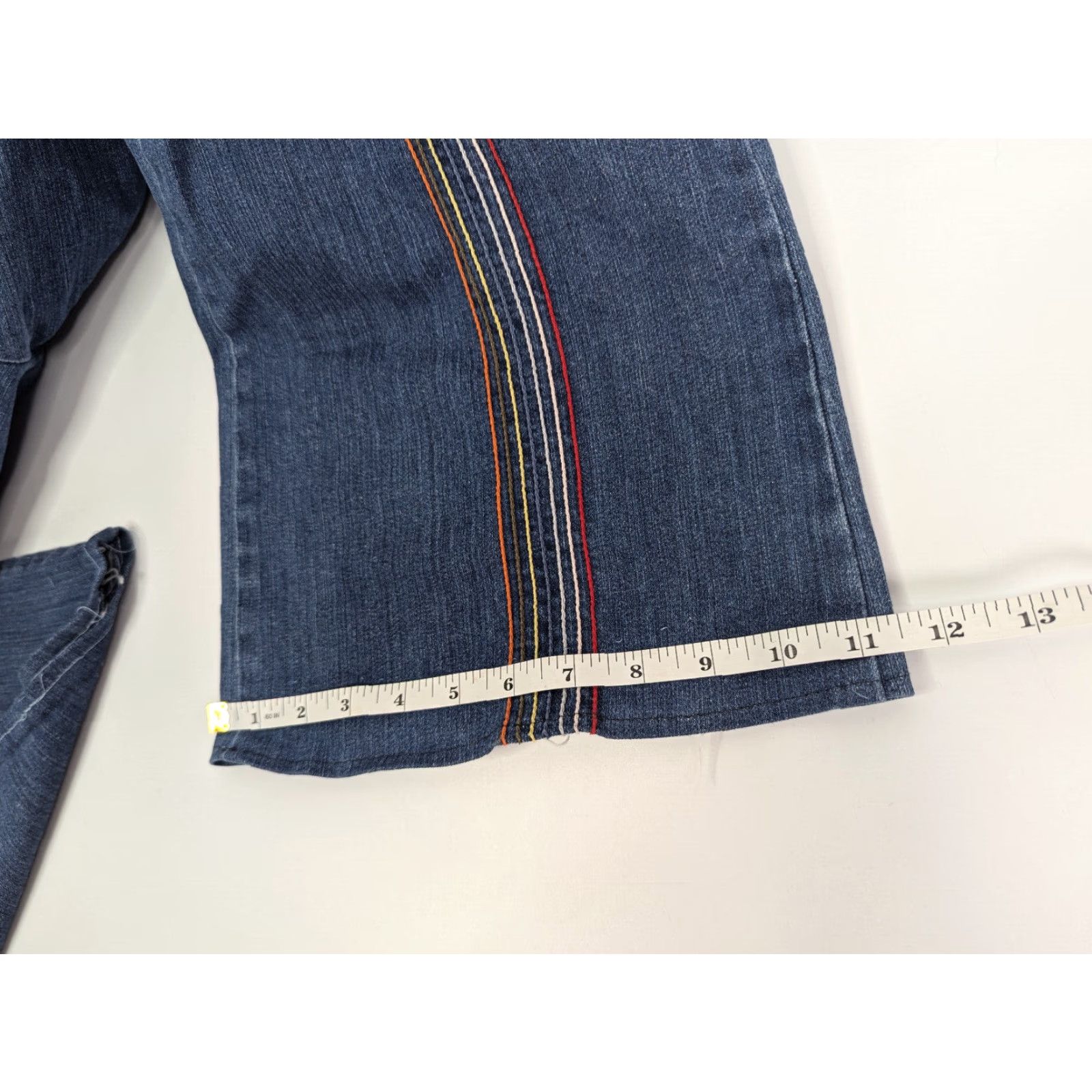 Vintage Fervour Jeans Womens Flared High Rise Denim 31/13 13 Blue Rainbow Hippie Baggy Embroidered Logo USA Size 34" / US 12 / IT 48 - 6 Thumbnail