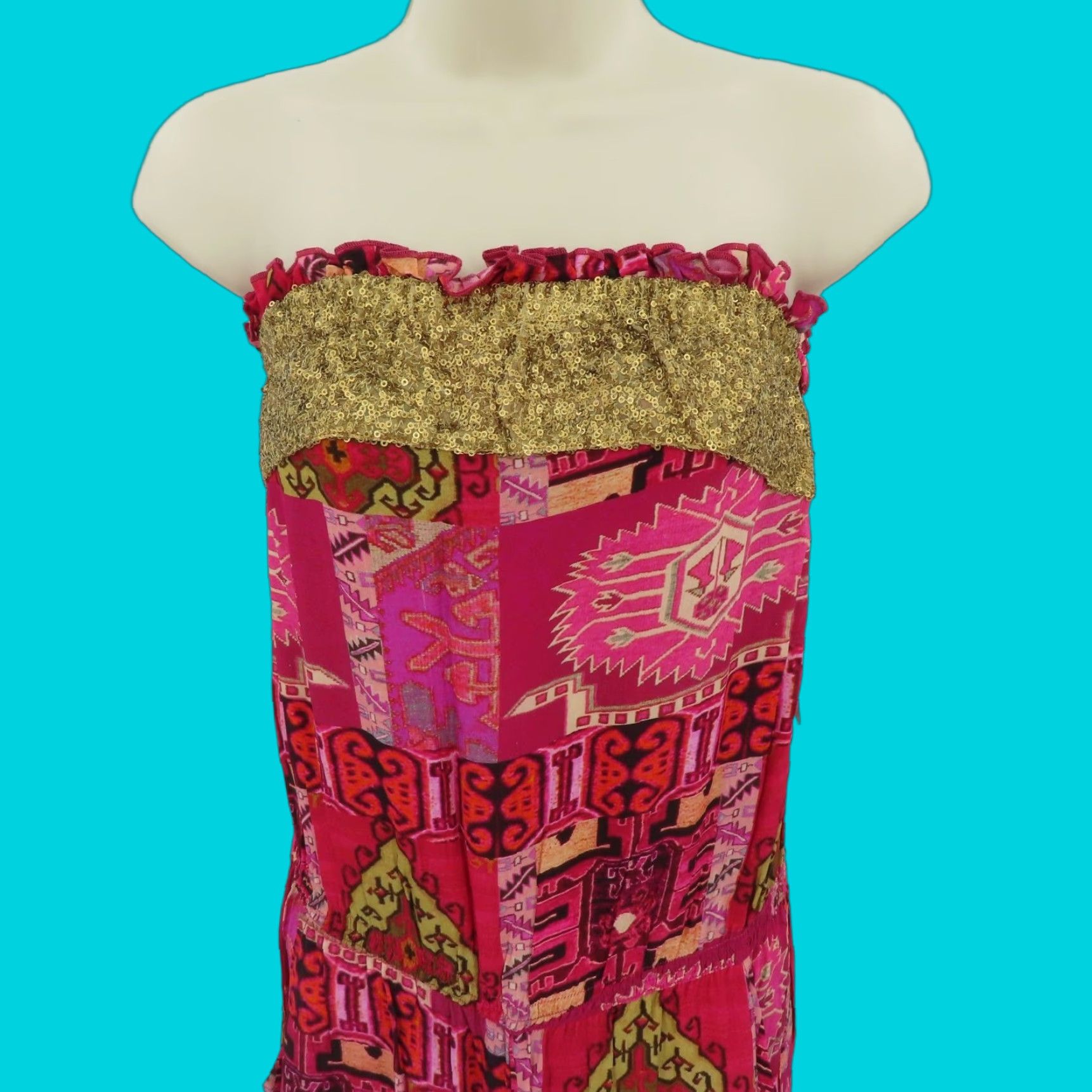 Vintage Benares Jumpsuit Women Medium Silk Gold Sequin Pink Ikat Strapless Pockets NEW Size 32" / US 10 / IT 46 - 1 Thumbnail