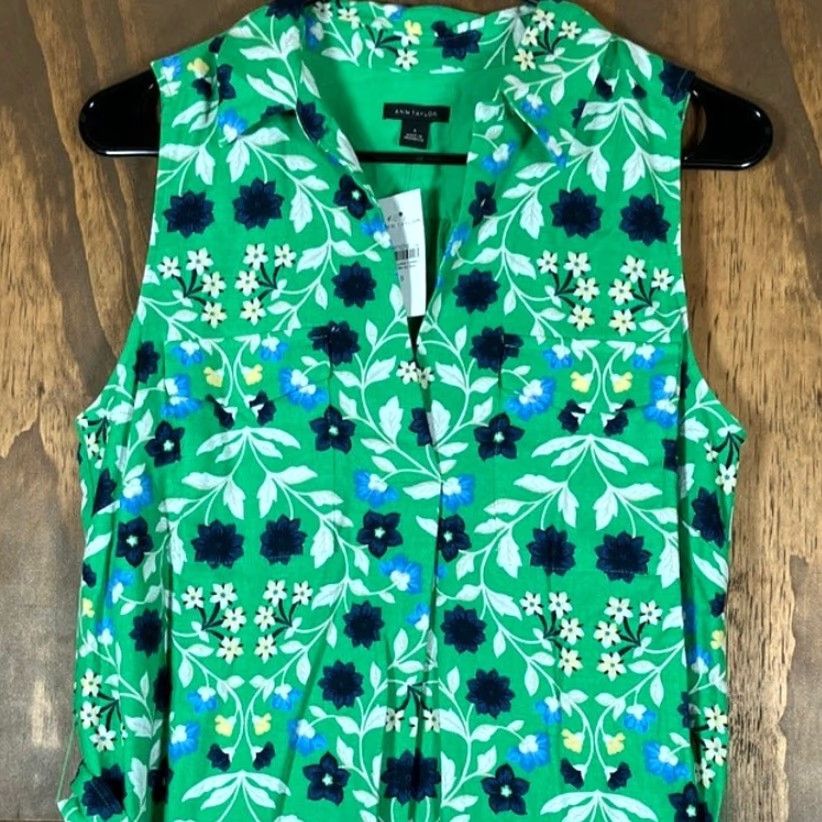 Ann Taylor Ann Taylor Dress Women's Green Floral V-Neck Belted Sleeveless Linen Blend Small Shirt? Size S / US 4 / IT 40 - 2 Thumbnail