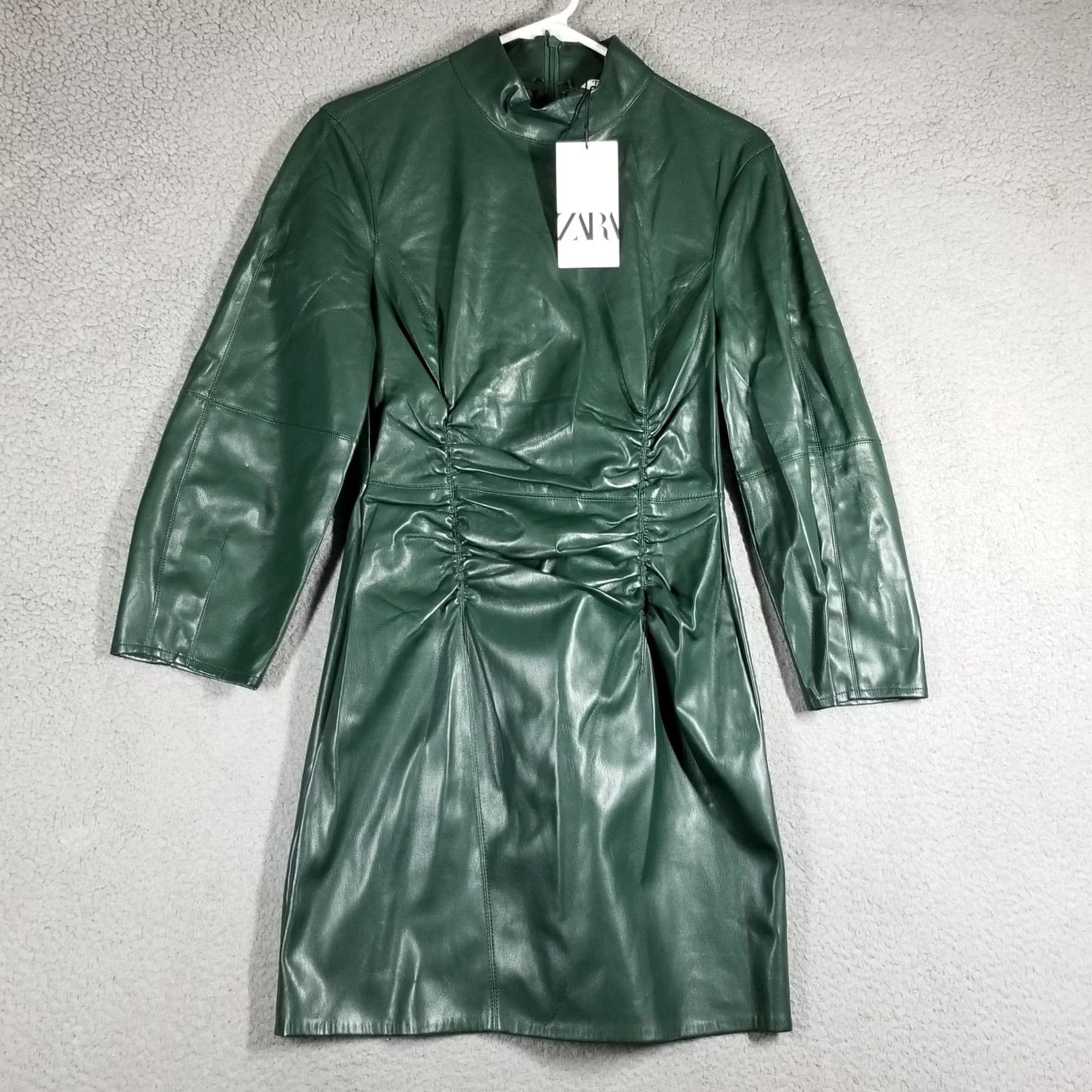 Zara Zara Women’s Faux Leather Draped Mini Dress Green Size Small Long Sleeve Party Dress Size S / US 4 / IT 40 - 2 Thumbnail