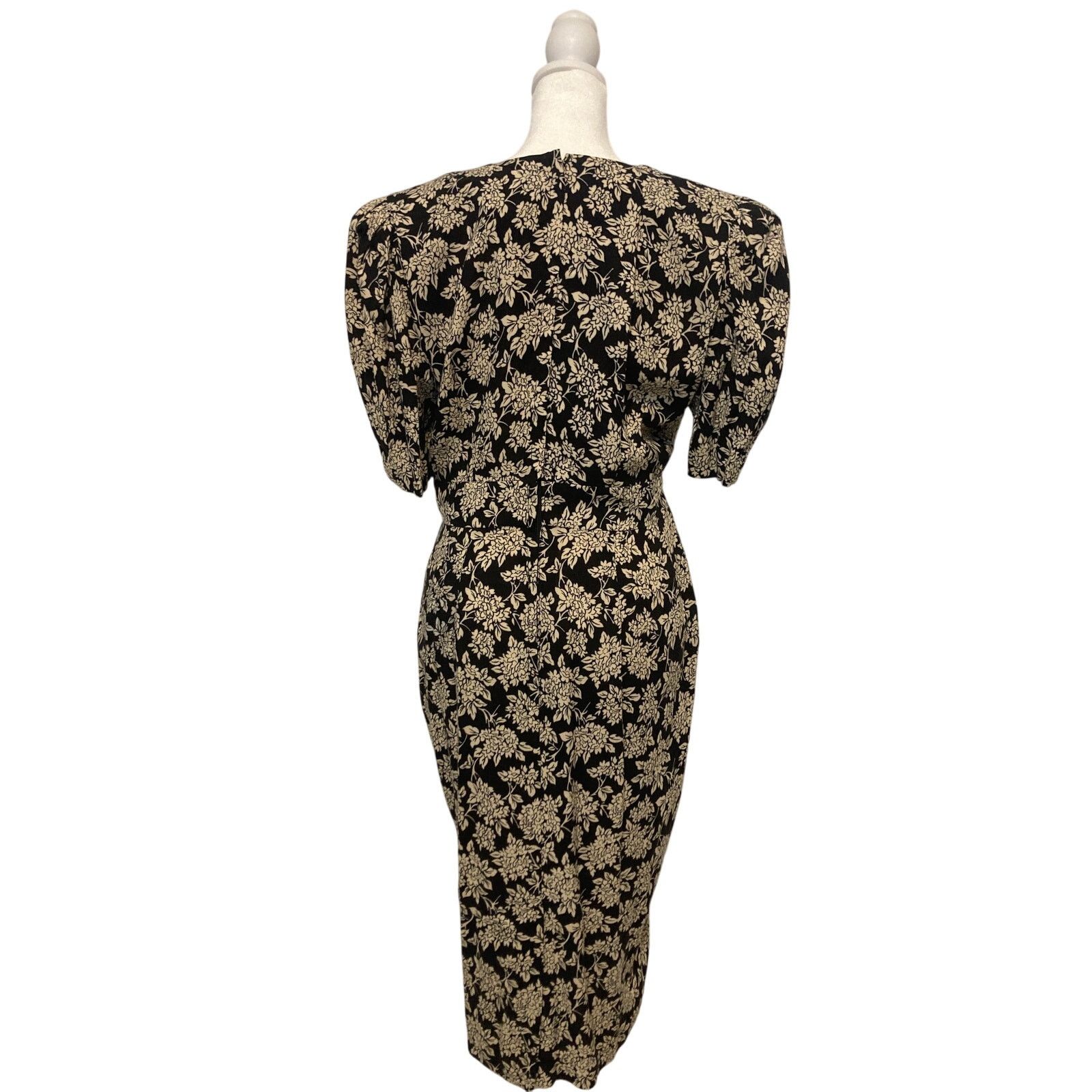Other Jane Singer Black Ivory Floral Shoulder Pads Bow Midi Dress Size L / US 10 / IT 46 - 2 Thumbnail