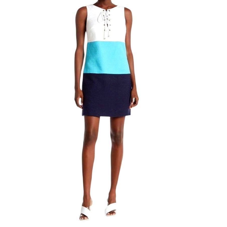 Trina Turk Trina Turk White Blue Navy Colorblock Lace Up Neckline Dress Size XS / US 0-2 / IT 36-38 - 4 Thumbnail