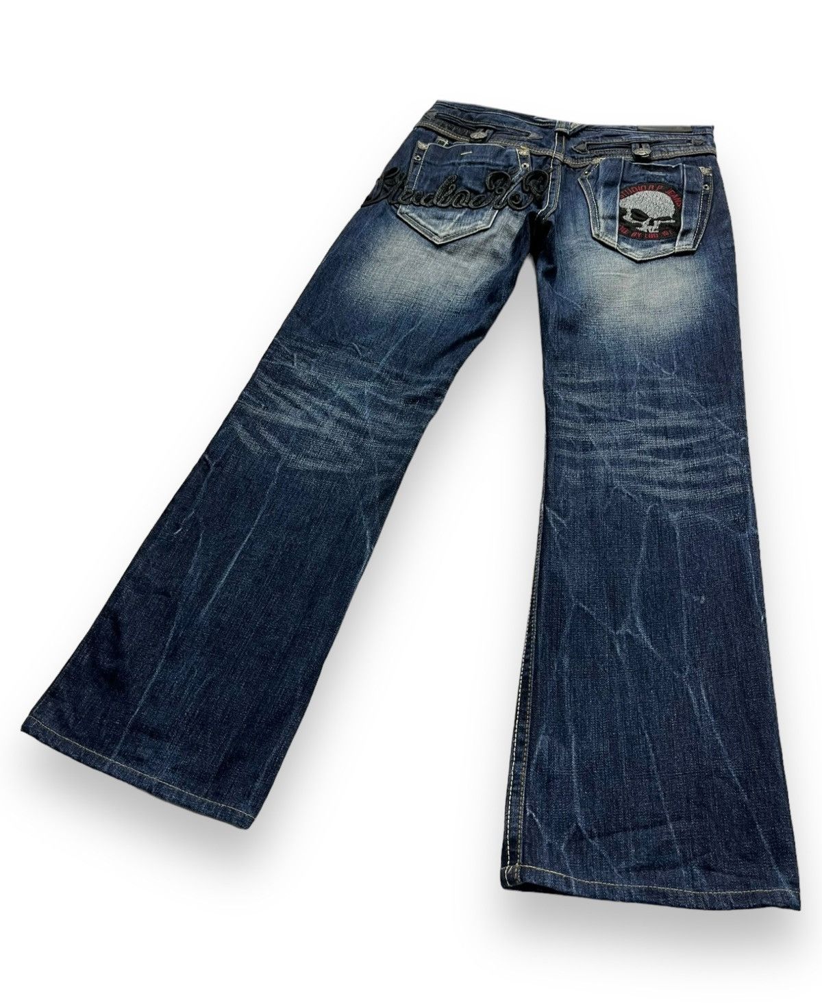 STUDIOUS FYE🔥STUDIO RP Punk Skull Patches Whiskered Blue Flare Denim Size US 28 / EU 44 - 7 Thumbnail