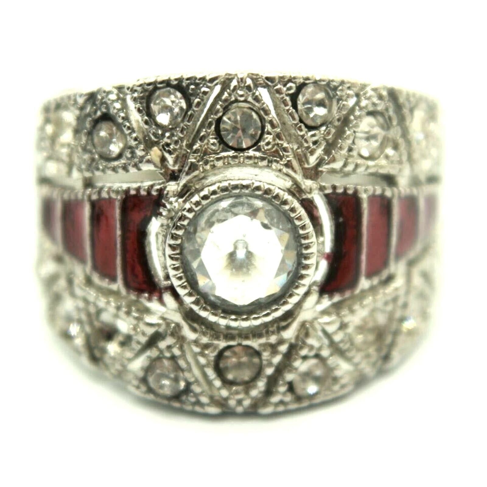 Other Red Enamel White Rhinestone Ring Silver Tone Band Ring 8 Size ONE SIZE - 1 Thumbnail