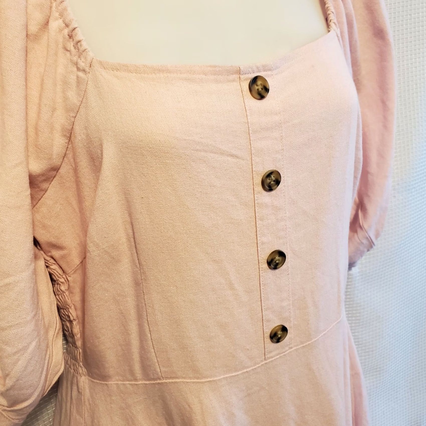 Vintage Vera Moda Pink Linen Mini Dress Balloon Sleeve Square Neck Pullover S Short Women Size S / US 4 / IT 40 - 6 Thumbnail