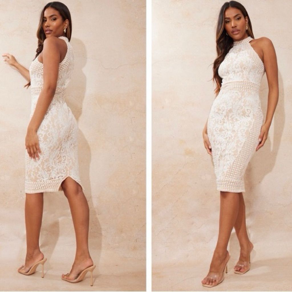 Zara White Lace Halter Bodycon Dress Size S / US 4 / IT 40 - 4 Thumbnail