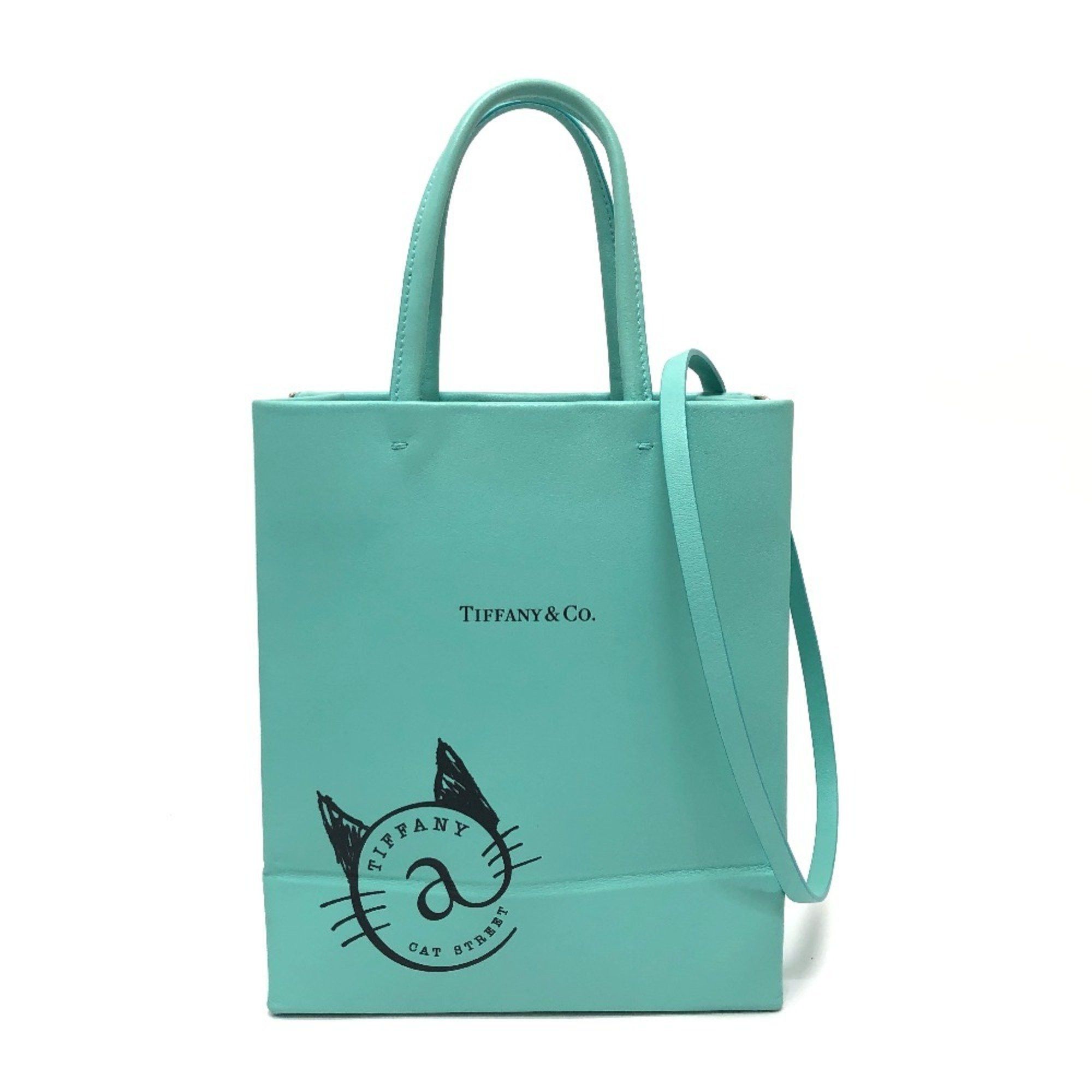 TIFFANY & Co. Tiffany Cat Street Small Shopping Tote 2-Way Bag Shoulder Handbag Leather Women's Blue