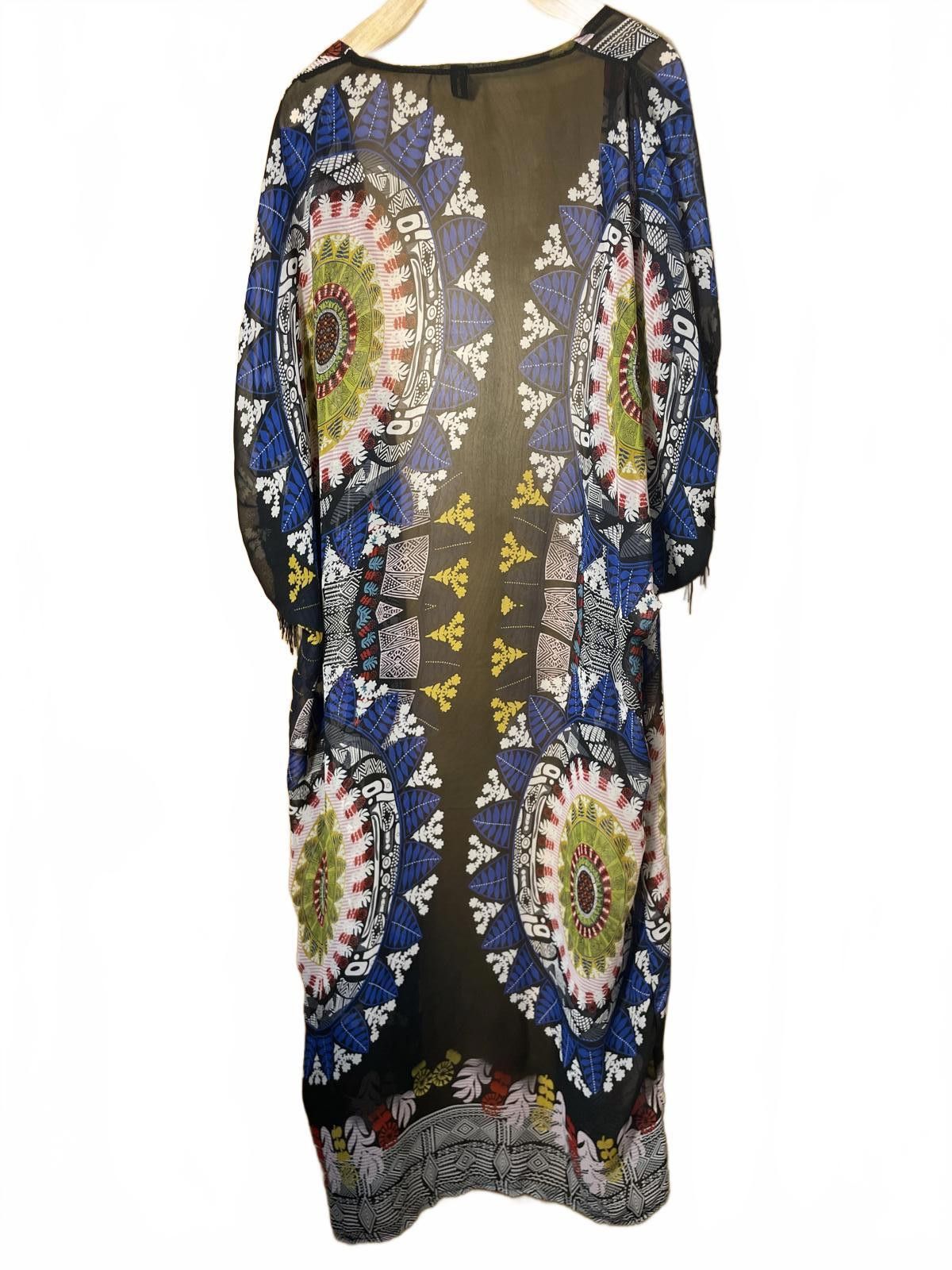 Other Kimono Robe Midi Women's OS Black Blue Fringe Boho Festival Size ONE SIZE - 4 Thumbnail