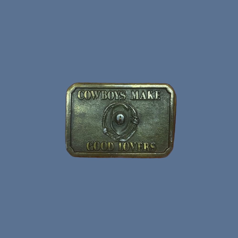 VINTAGE Tiffany Studio New York Brass Belt Buckle Cowboys Make Good Lovers 4” Men Bronze 1970s Western Rockabilly Belt Buckle Mens