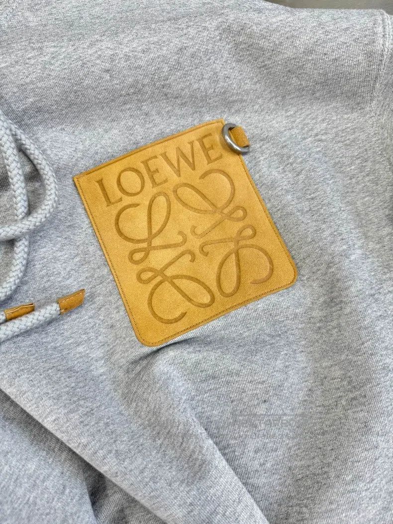 Loewe Gray Leather Pocket Large Logo Hoodie with Hood