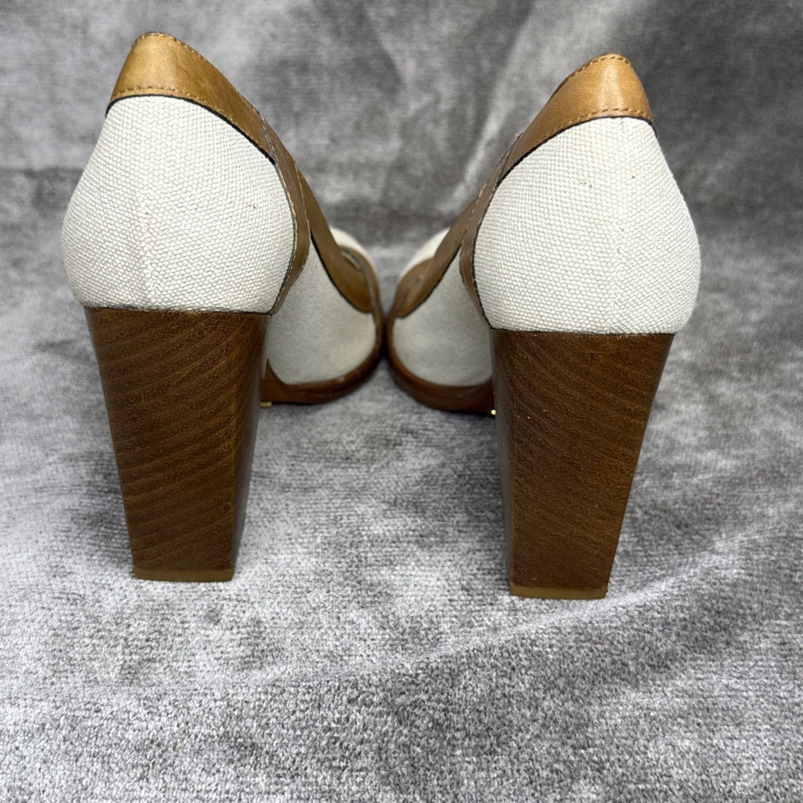 Cole Haan Cole Haan Canvas Ivory Tan Leather Block Heel Pumps 6.5B Size US 6.5 / IT 36.5 - 5 Thumbnail
