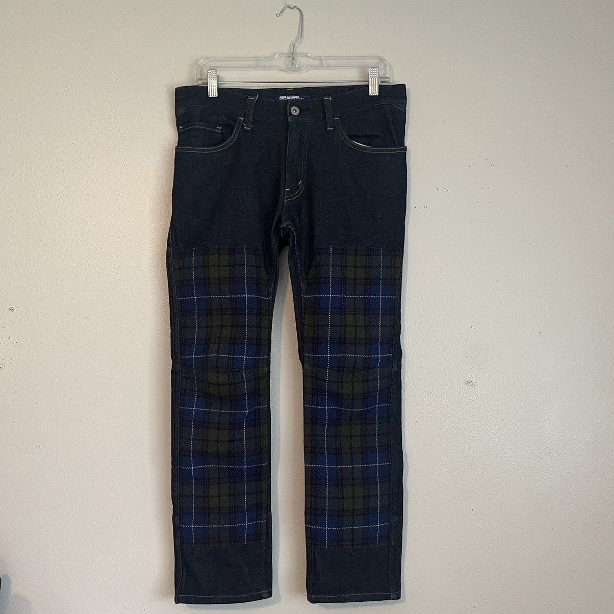 image of Comme Des Garcons x Junya Watanabe Plaid Wool Double Knee Denim Pants in Navy/Denim Blue (Size 28)