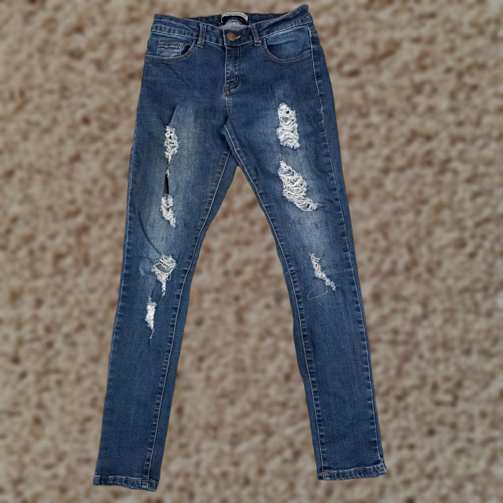 Denime Blue Connection Jeans Juniors 7 Blue Denim Distressed Skinny Mid Rise 27x30 Womens Size 28" / US 6 / IT 42 - 1 Thumbnail