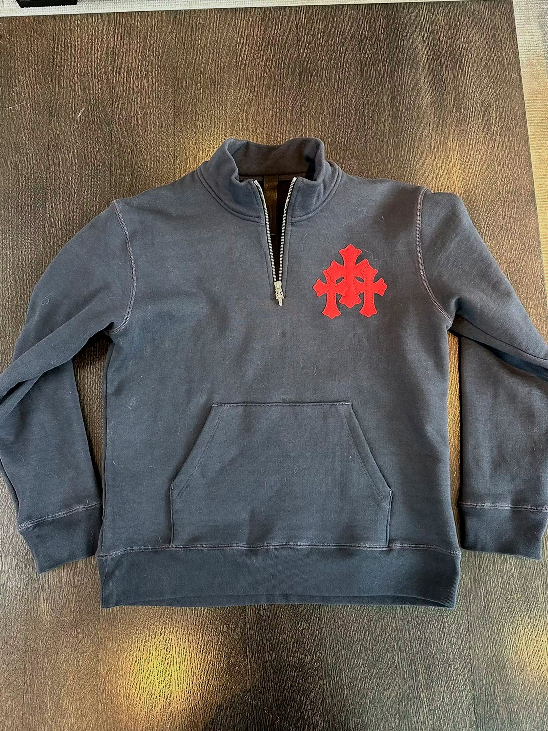 image of Chrome Hearts Half Zip Navy W Red Patchwork, Men's (Size Small)