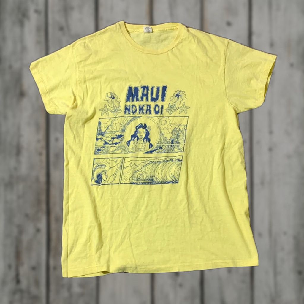 Hanes VINTAGE 70s Hanes T Shirt Maui No Ka OI Surf Large Yellow Mens Size US L / EU 52-54 / 3 - 1 Thumbnail